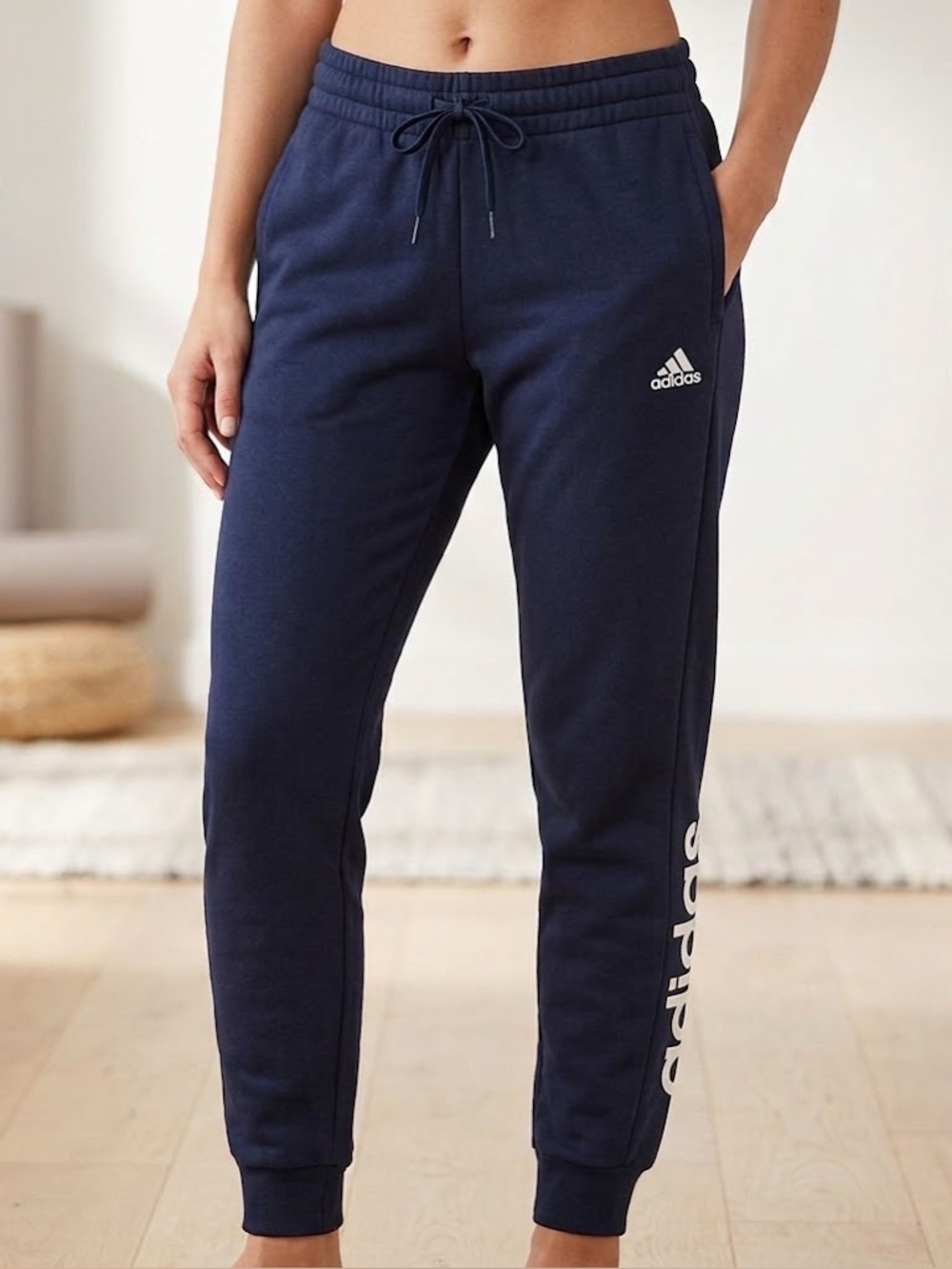 Adidas Women’s Navy Blue Joggers, Logo and Adidas in White on Leg, Size Medium